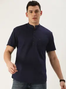 Peter England Men Navy Blue Mandarin Collar Slim Fit Pure Cotton Casual Shirt