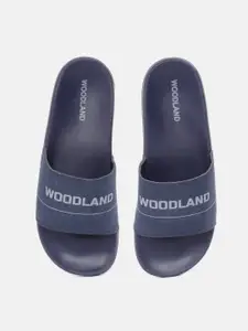 Woodland Men Navy Blue & Grey Printed Sliders