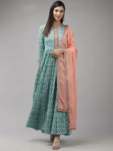 Indo Era Ethnic Motifs Print Ethnic Cotton Maxi Ethnic Dress With Dupatta