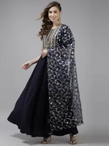 Indo Era Navy Blue Floral Embroidered Ethnic Maxi Dress With Dupatta