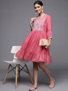 Indo Era Pink Ethnic Motifs Embroidered Ethnic A-Line Dress