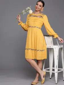 Indo Era Yellow Floral Embroidered A-Line Dress