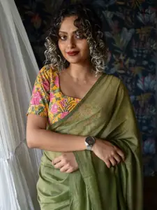 Suta Yellow & Pink Printed Cotton Saree Blouse