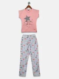 Monte Carlo Girls Peach-Coloured & Grey Melange Printed T-shirt with Pyjamas