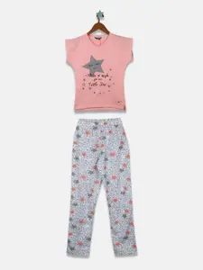 Monte Carlo Girls Peach-Coloured & Grey Melange Printed T-shirt with Pyjamas