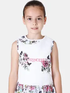 One Friday Girls Off White & Pink Cotton Floral Print Top