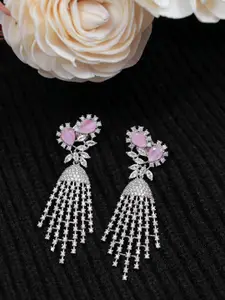 Crunchy Fashion Silver-Toned & Pink Contemporary Drop Earrings