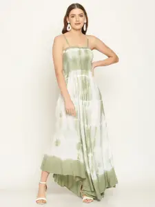Aawari Olive Green & White Tie and Dye Smocked Asymmetrical Maxi Dress