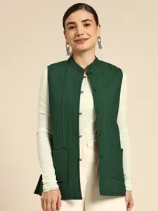 Anouk Women Green Solid Pure Cotton Nehru Jacket