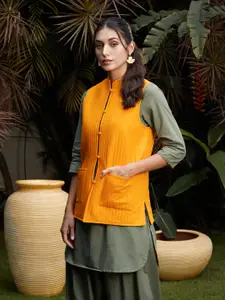 Anouk Women Mustard Self Design Striped Pure Cotton Quilted Nehru Jacket