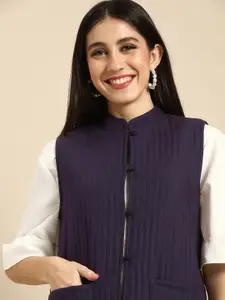 Anouk Women Purple Self Design Striped Pure Cotton Quilted Nehru Jacket