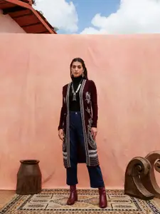 Anouk Women Maroon & Grey Ethnic Motifs Self Design Longline Front Open Sweater