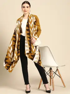 Anouk Women Mustard Yellow & Brown Acrylic Geometric Pattern Front-Open Sweater