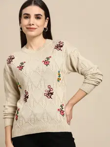 Anouk Women Beige Cable Knit Acrylic Sweater with Floral Embroidered Detail