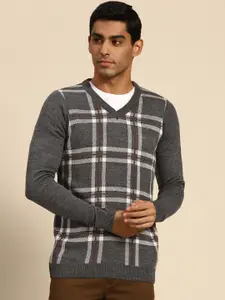 Anouk Men Grey & Off White Acrylic Checked Pullover