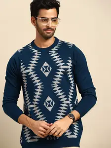 Anouk Men Teal Blue & Grey Acrylic Geometric Pattern Sweater