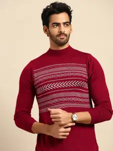 Anouk Men Maroon & Grey Acrylic Geometric Pattern Sweater
