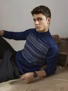 Anouk Men Navy Blue & Grey Printed Pullover