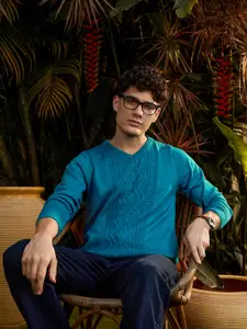 Anouk Men Teal Blue Self-Design Pullover