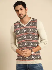 Anouk Men Cream-Coloured & Brown Argyle Knitted Pullover
