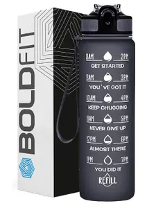 BOLDFIT Black Printed Plastic Sipper Water Bottle 1000 Ml