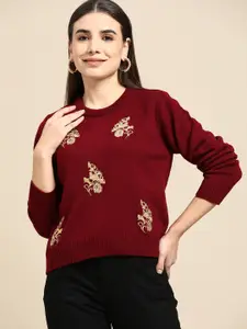 Anouk Women Maroon & Gold-Toned Acrylic Sweater with Embroidered Detail