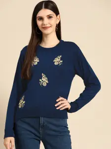 Anouk Women Teal Blue & Golden Embroidered Sweater with Embroidered Detail