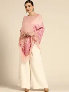 Anouk Women Peach-Coloured & Pink Self Design Acrylic Poncho with Fringed Detail