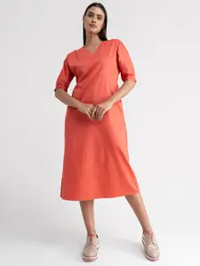FableStreet Coral Orange Solid A-Line Midi Dress