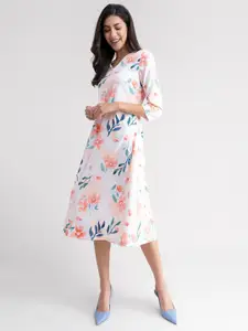 FableStreet White & Peach-Coloured Floral A-Line Dress