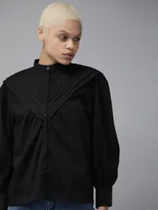 Roadster Women Black Solid Pure Cotton Classic Pintuck Pleated Casual Shirt