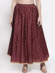 Miaz Lifestyle Women Maroon & Gold-Colored Printed A-Line Flared Maxi Skirt