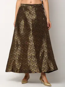 Miaz Lifestyle Women Black & Gold-Toned Printed Ethnic Maxi Flared Skirt
