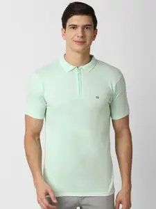 Peter England Casuals Men Green Solid Cotton Polo Collar Slim Fit T-shirt