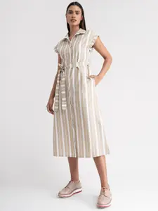 FableStreet Beige & White Striped Linen Shirt Midi Dress