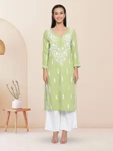 PARAMOUNT CHIKAN Women Green Ethnic Motifs Chikankari Kurta