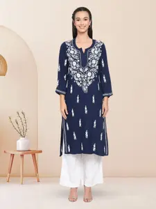 PARAMOUNT CHIKAN Women Navy Blue Embroidered Flared Sleeves Chikankari Kurta