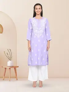 PARAMOUNT CHIKAN Women Mauve Ethnic Motifs Embroidered Flared Sleeves Chikankari Kurta