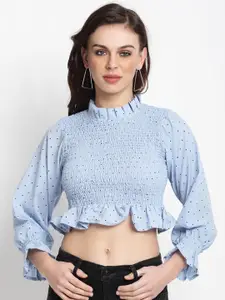Miaz Lifestyle Turquoise Blue Ruffles Smocked Crop Top