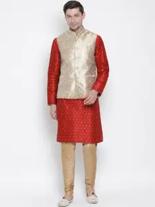 VASTRAMAY Men Maroon Layered Kurta with Churidar & With Nehru Jacket