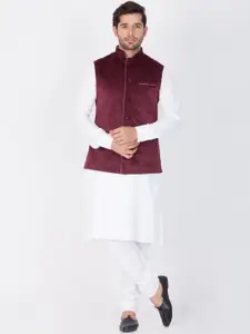 VASTRAMAY Men White Kurta and pyjama with Maroon Polka Dot Printed Nehru Jacket