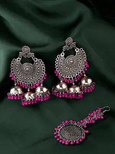 Yellow Chimes Pink Bids Studded Oxidised Traditional Earring With Maangtikka