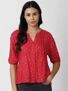 Van Heusen Woman Red Geometric Print Mandarin Collar Shirt Style Top