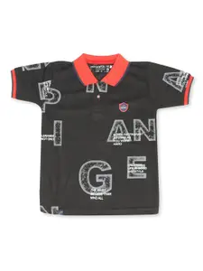 earth conscious Boys Black Typography Printed Polo Collar Applique T-shirt