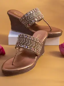 Inc 5 Gold-Toned Embellished Ethnic Wedge Heels