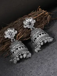 Adwitiya Collection Silver-Toned Oxidised Dome Shaped Jhumkas Earrings