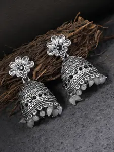 Adwitiya Collection Silver-Toned Oxidised Dome Shaped Jhumkas Earrings