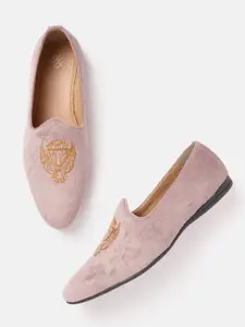 House of Pataudi Men Mauve & Beige Embroidered Handcrafted Slip-Ons