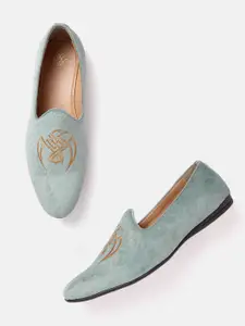 House of Pataudi Men Mint Green & Beige Embroidered Handcrafted Slip-Ons