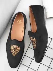 House of Pataudi Men Black & Beige Woven Design Handcrafted Slip-Ons